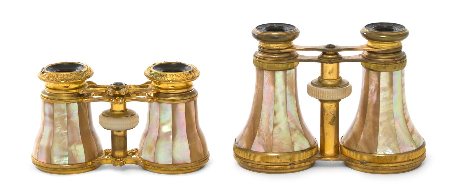 Two French Mother-of-Pearl Veneered Opera Glasses, Width of wider 4 1/2 inches.