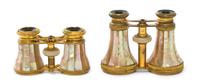 Two French Mother-of-Pearl Veneered Opera Glasses, Width of wider 4 1/2 inches.