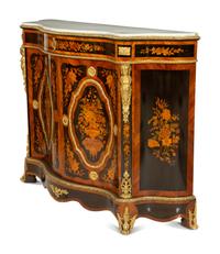 A Napoleon III Gilt Bronze Mounted Marquetry Marble-Top Serpentine Cabinet