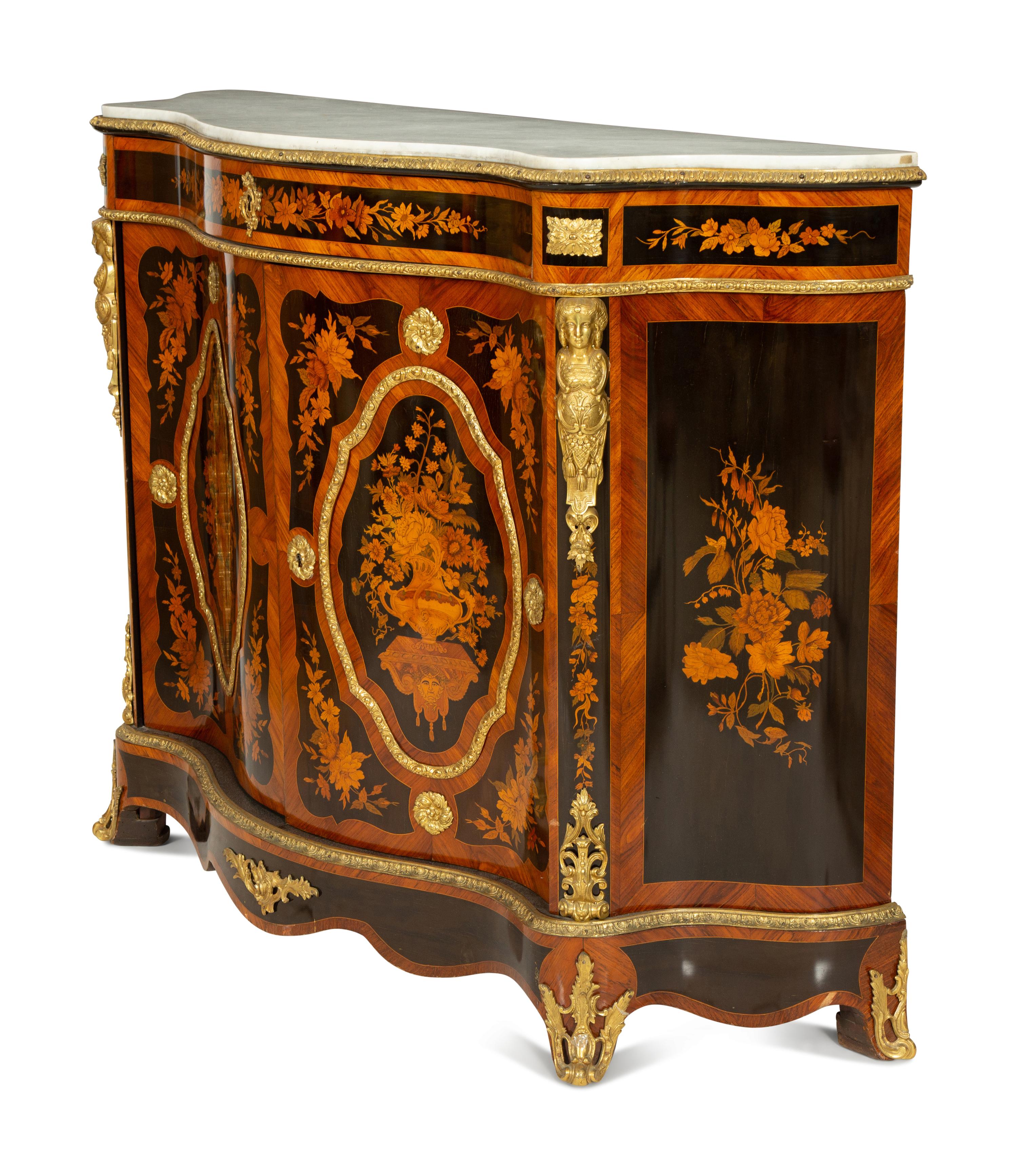 A Napoleon III Gilt Bronze Mounted Marquetry Marble-Top Serpentine Cabinet