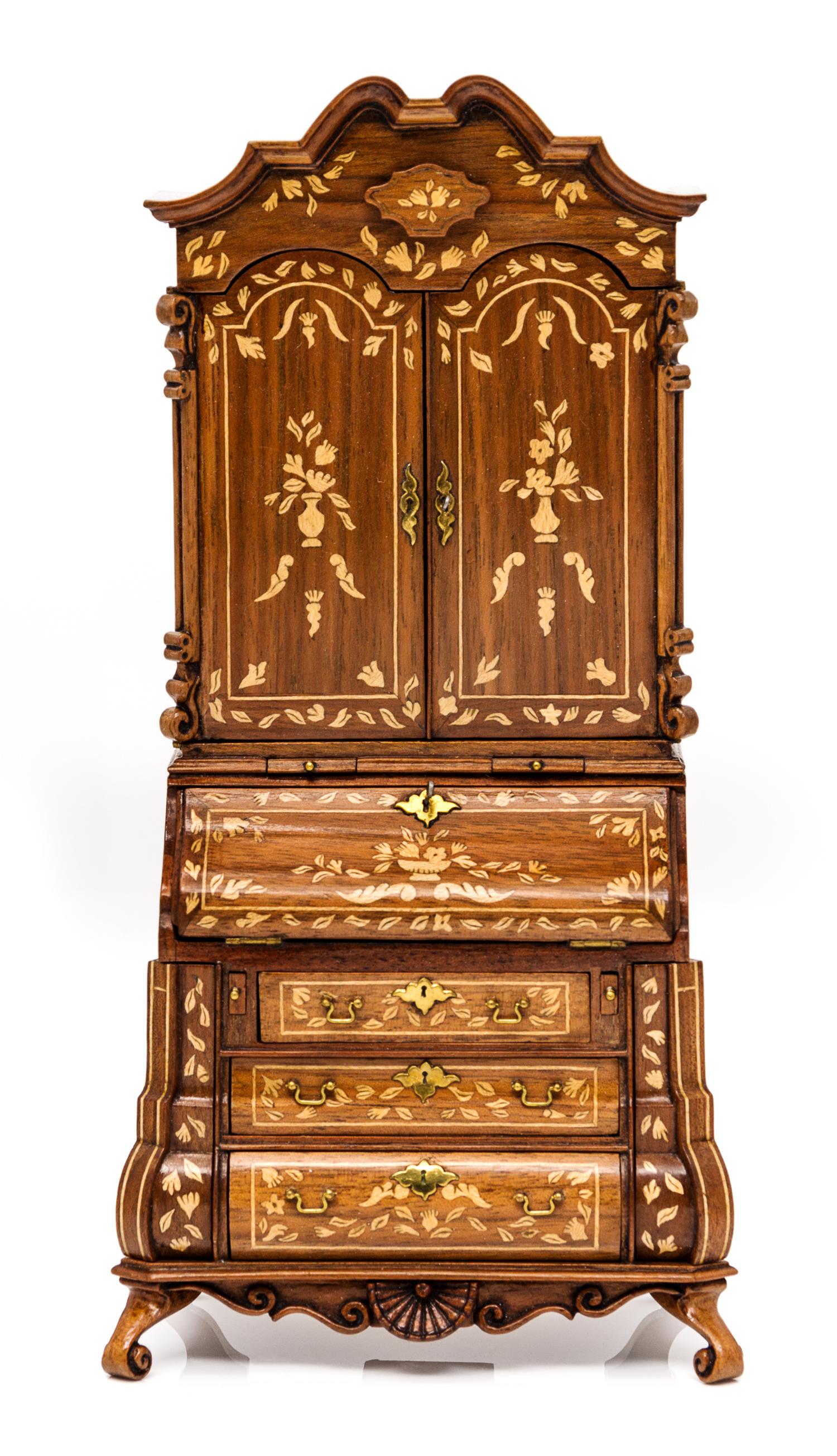 A Dutch Style Marquetry Secretary Bookcase Height 8 x width 4 x depth 2 1/8 inches. — John Davenport, 1987