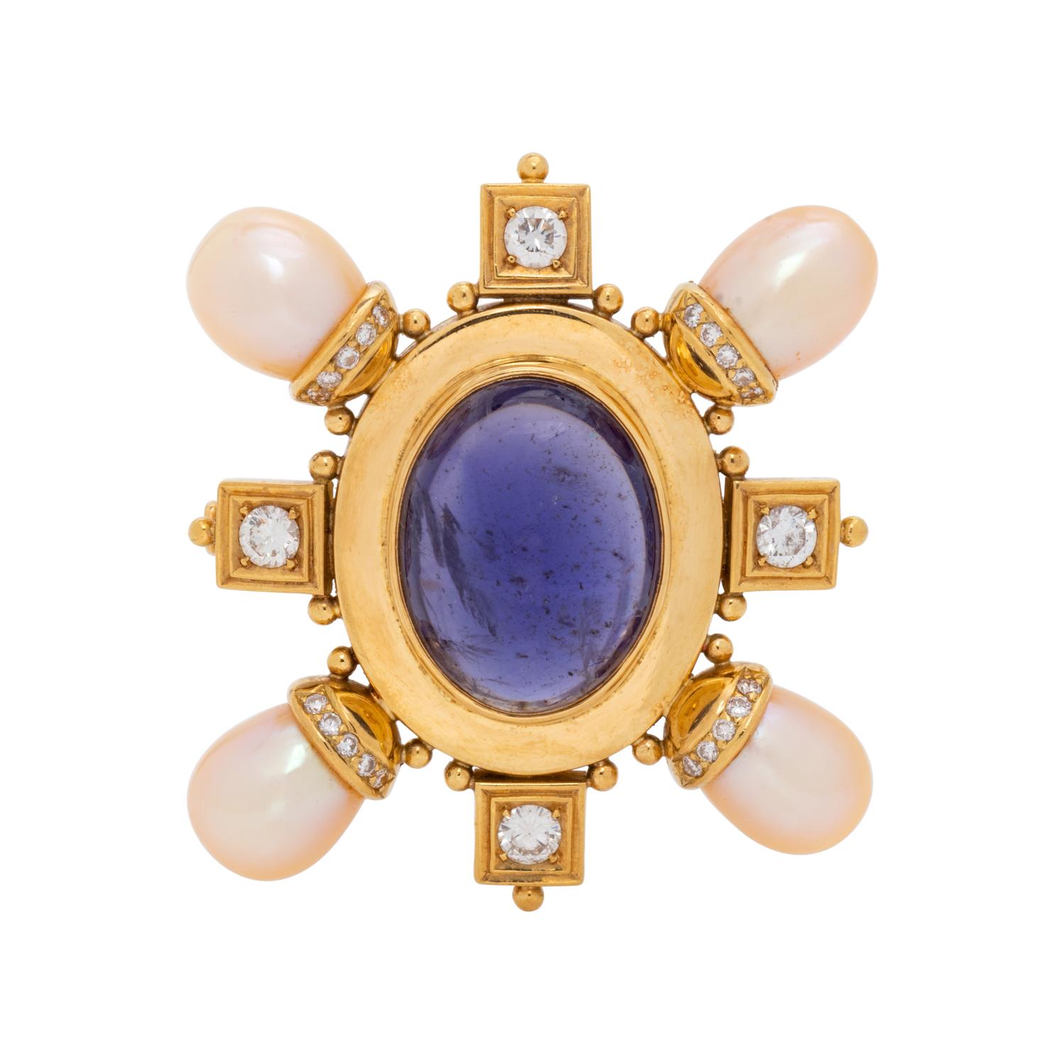 IOLITE, DIAMOND AND CULTURED PEARL BROOCH