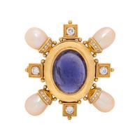 IOLITE, DIAMOND AND CULTURED PEARL BROOCH