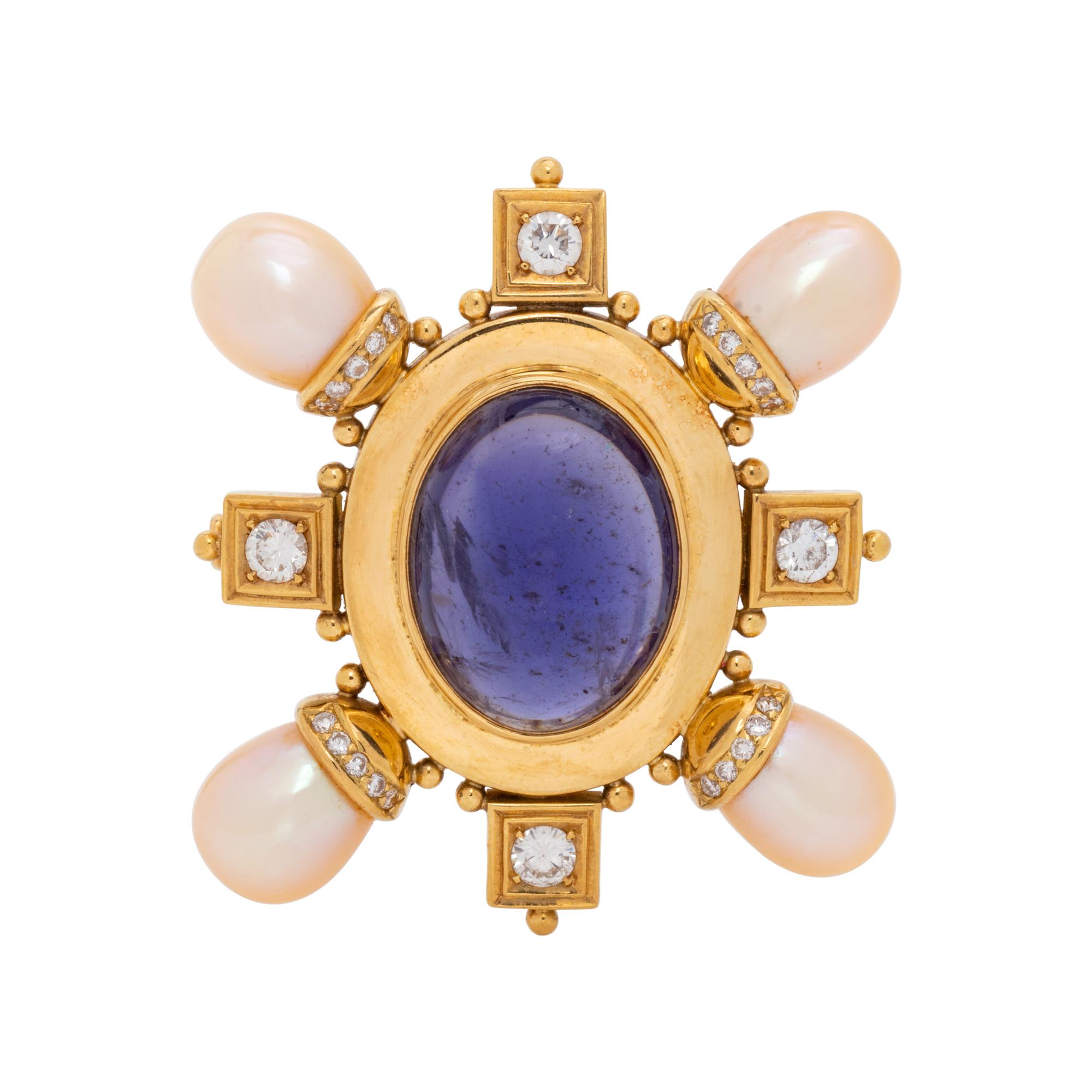 IOLITE, DIAMOND AND CULTURED PEARL BROOCH