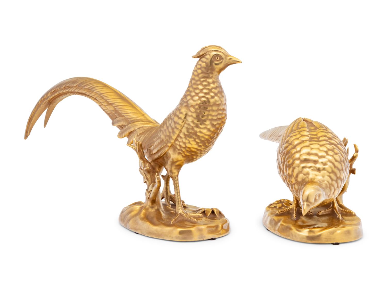 A Pair of Vista Alegre Gilt Porcelain Pheasants