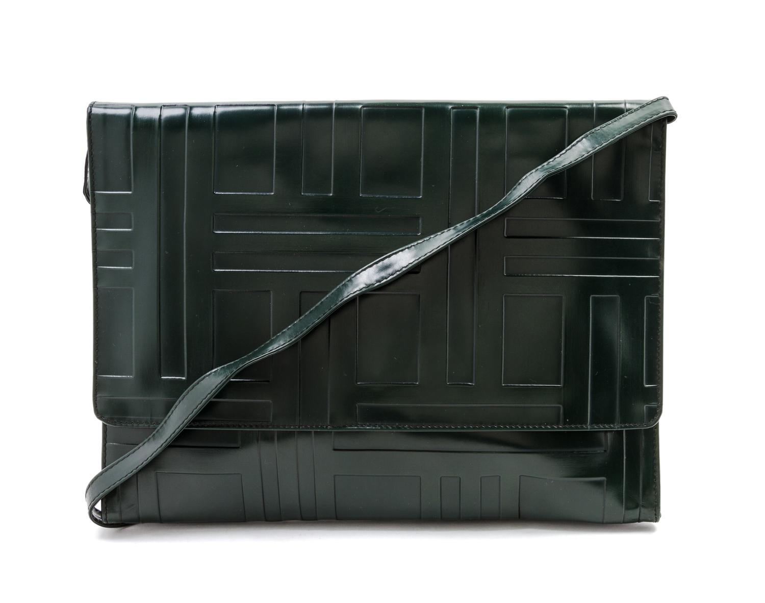 A Prada Dark Green Embossed Leather Convertible Bag, 13 x 10 x 2 inches.