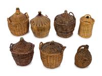 A Group of Seven Continental Rattan and Glass Wine Jugs