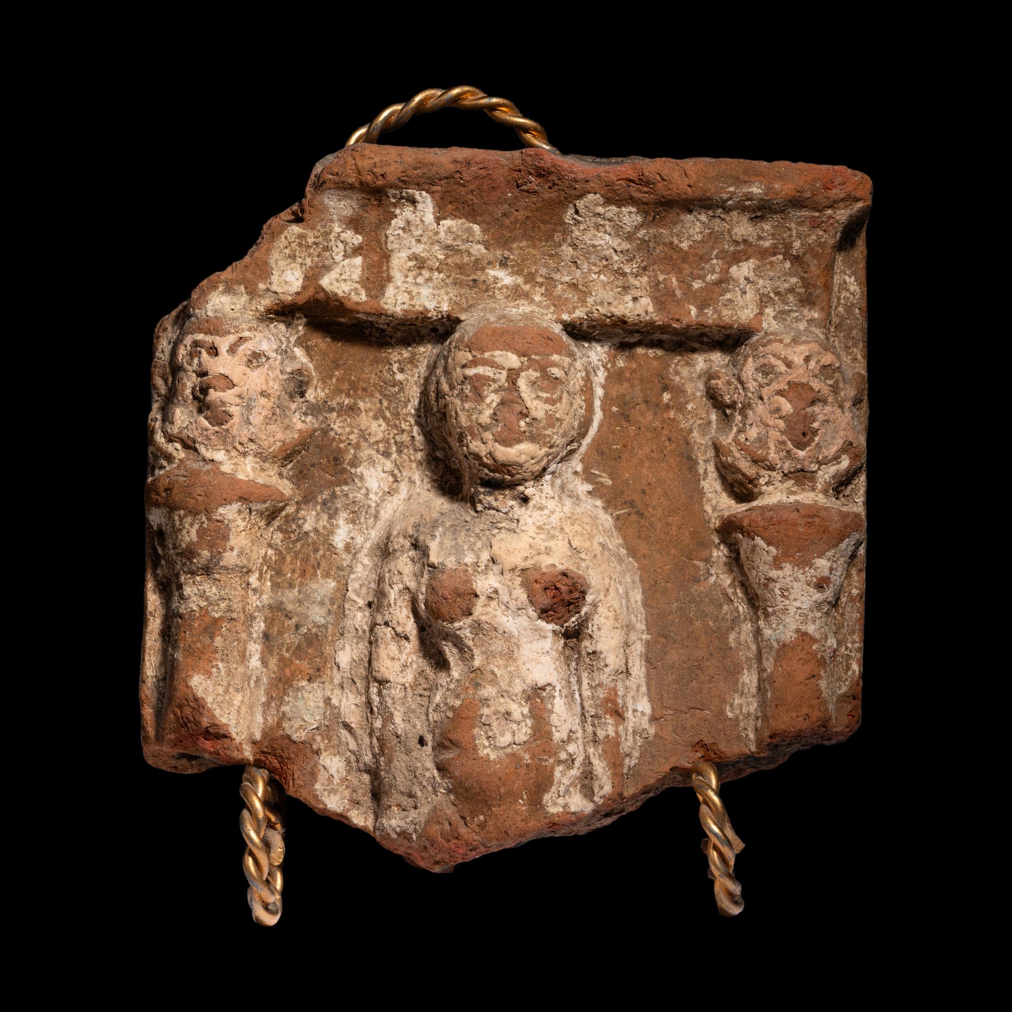 An Egyptian Terracotta Fragment with Concubine Flanked by Bes-Shaped Columns