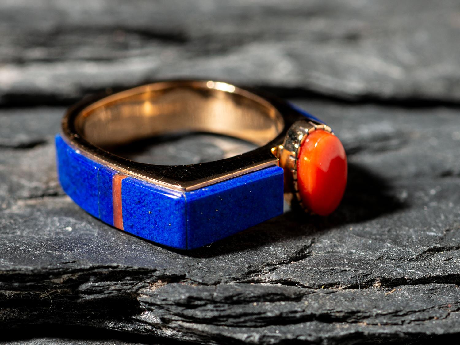 18K Gold, Lapis, and Coral Ring