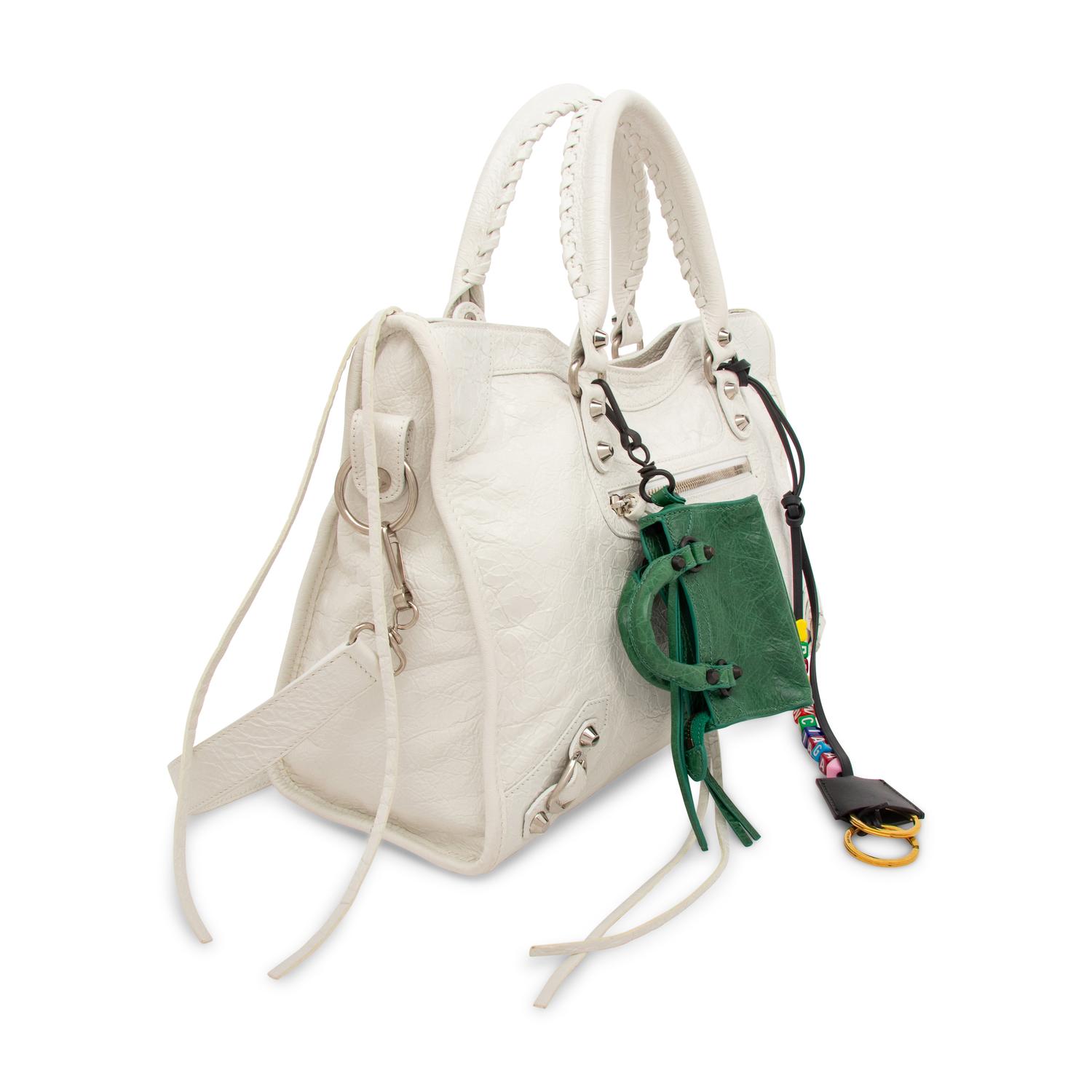 BALENCIAGA, WHITE MEDIUM CITY BAG WITH CHARMS