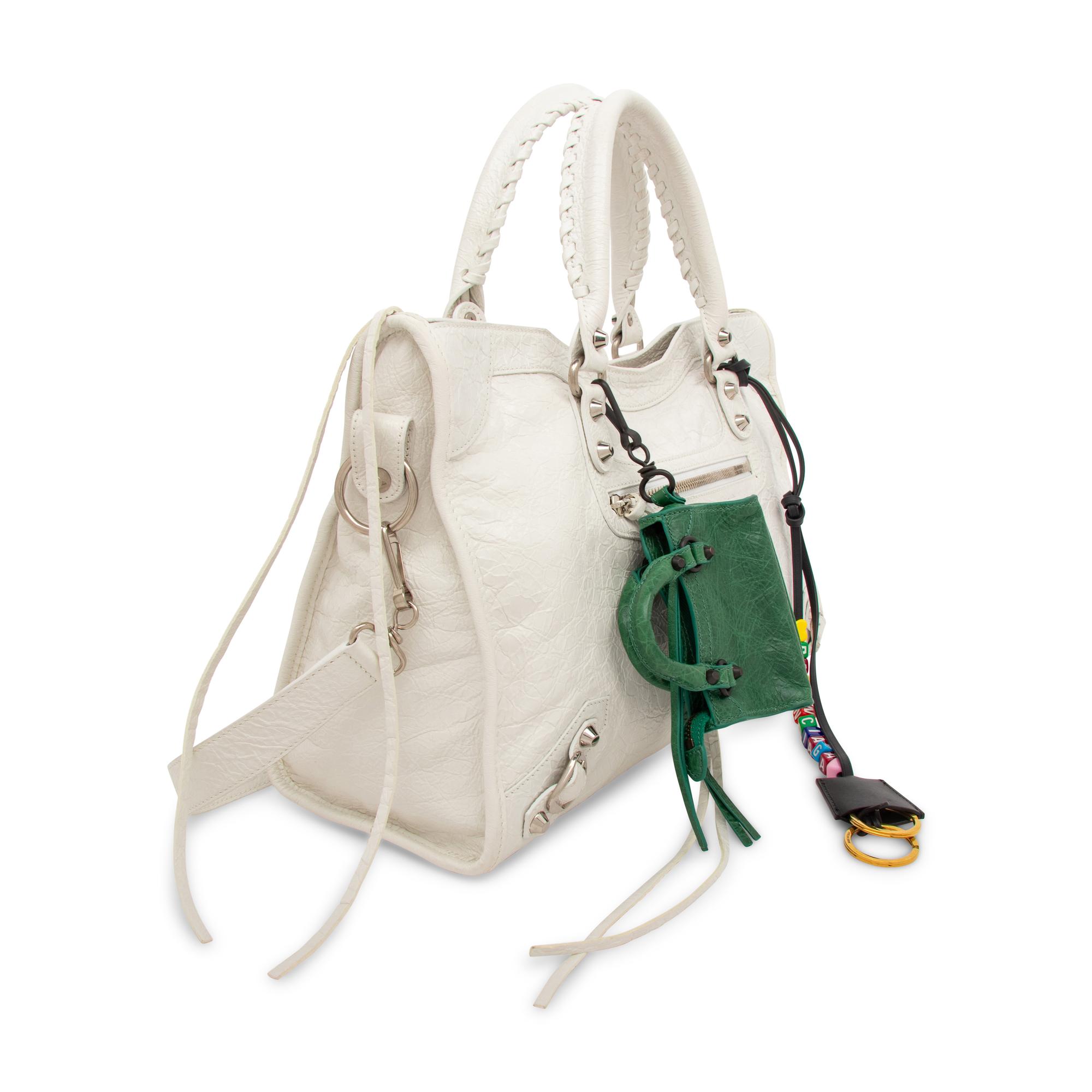 BALENCIAGA, WHITE MEDIUM CITY BAG WITH CHARMS