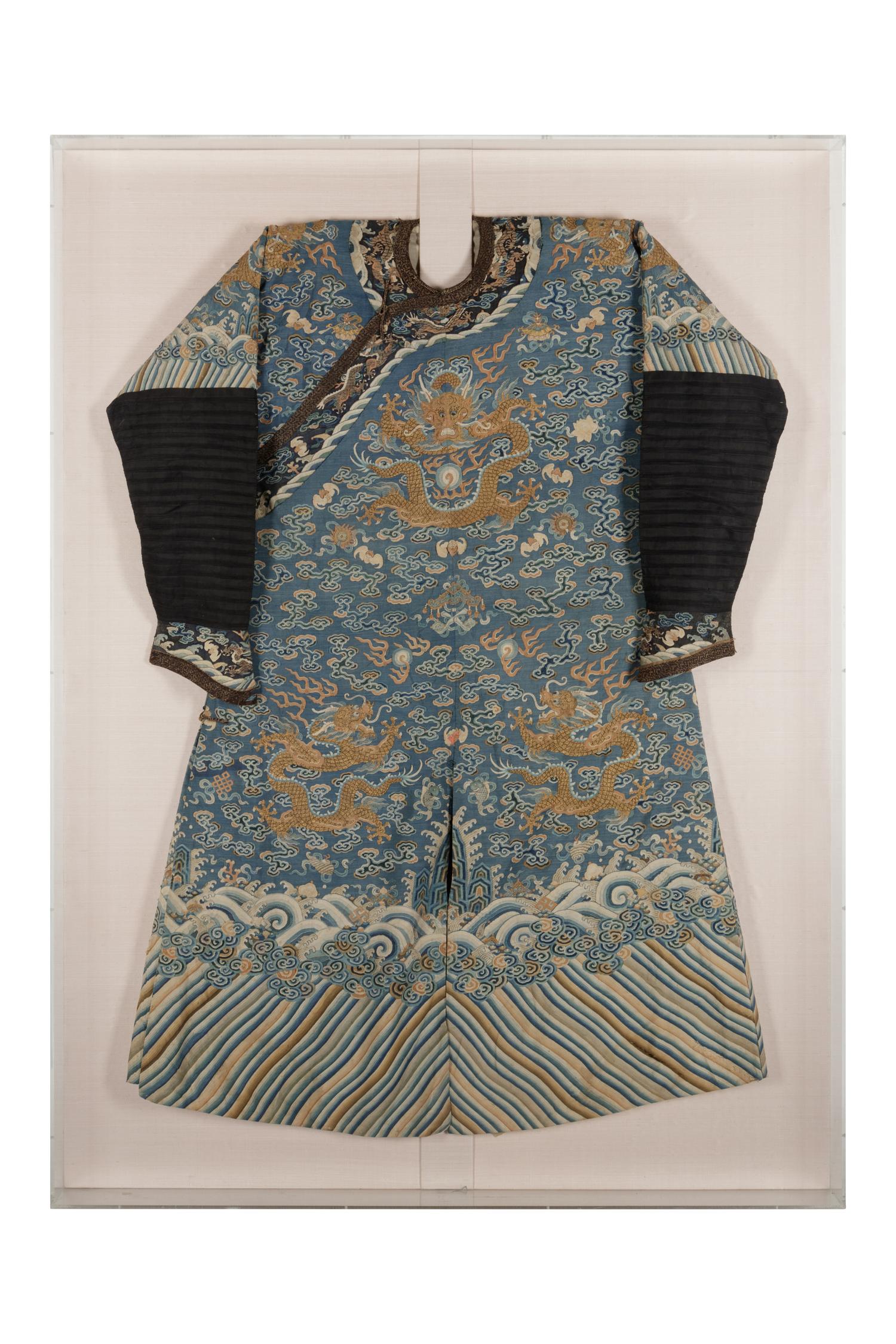 A Blue Ground Kesi Woven Silk Dragon Robe, Jifu