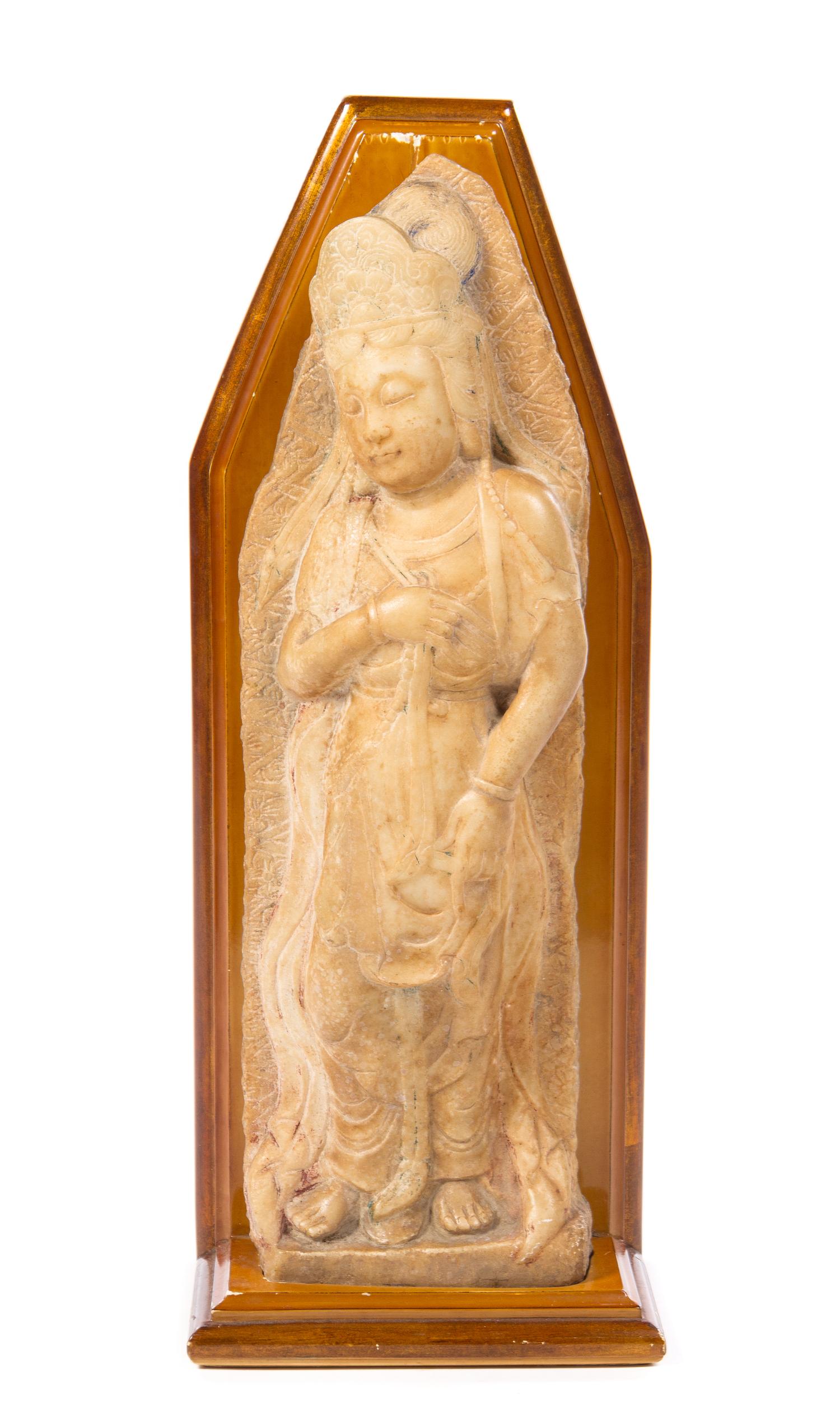 A Chinese Carved Marble Figure of a Standing Guanyin MING DYNASTY OR EARLIER Height 24 inches. — MING DYNASTY OR EARLIER