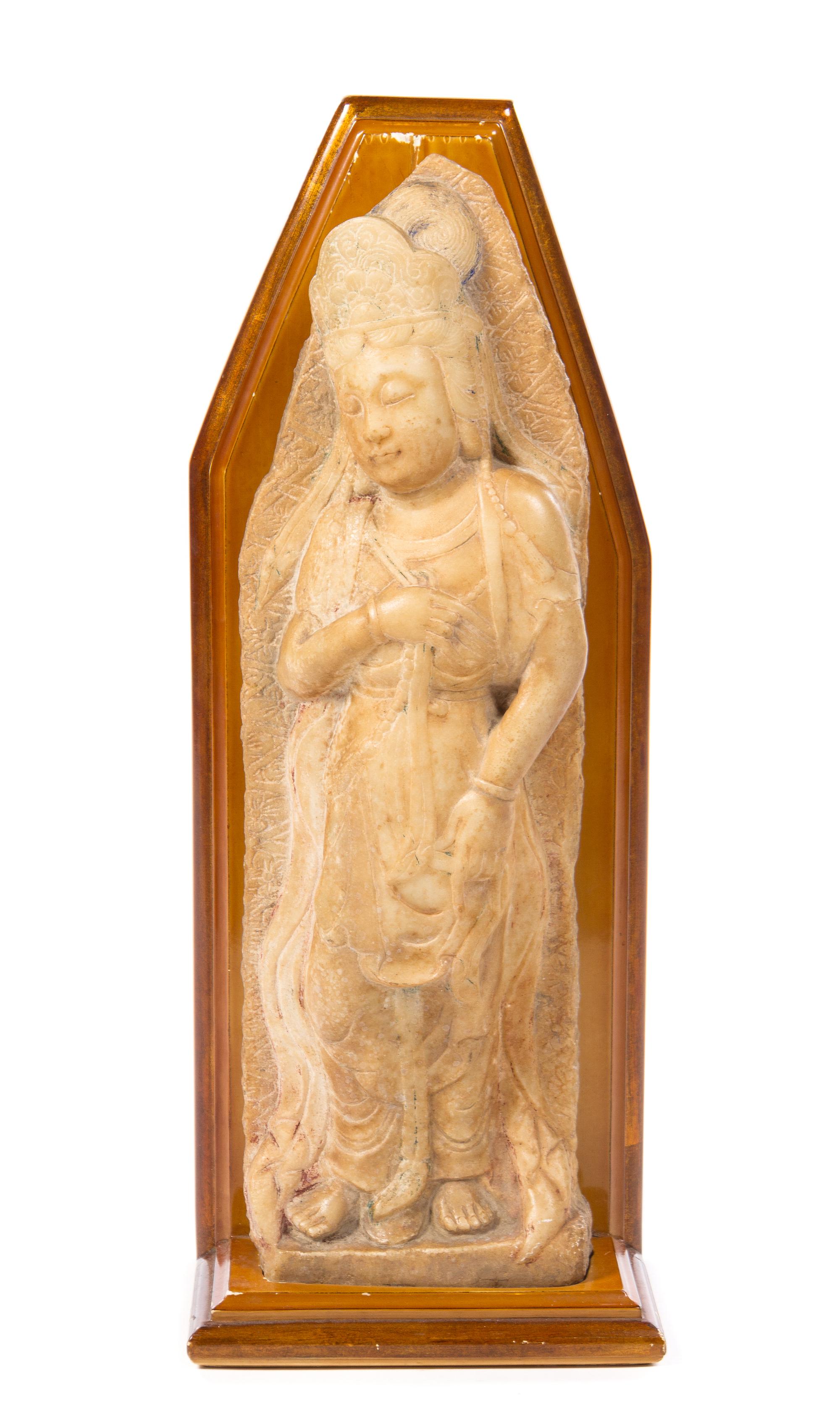 A Chinese Carved Marble Figure of a Standing Guanyin MING DYNASTY OR EARLIER Height 24 inches. — MING DYNASTY OR EARLIER
