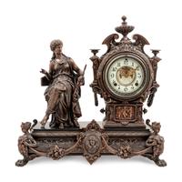 An Ansonia Prosperity Silvered Metal Figural Mantel Clock