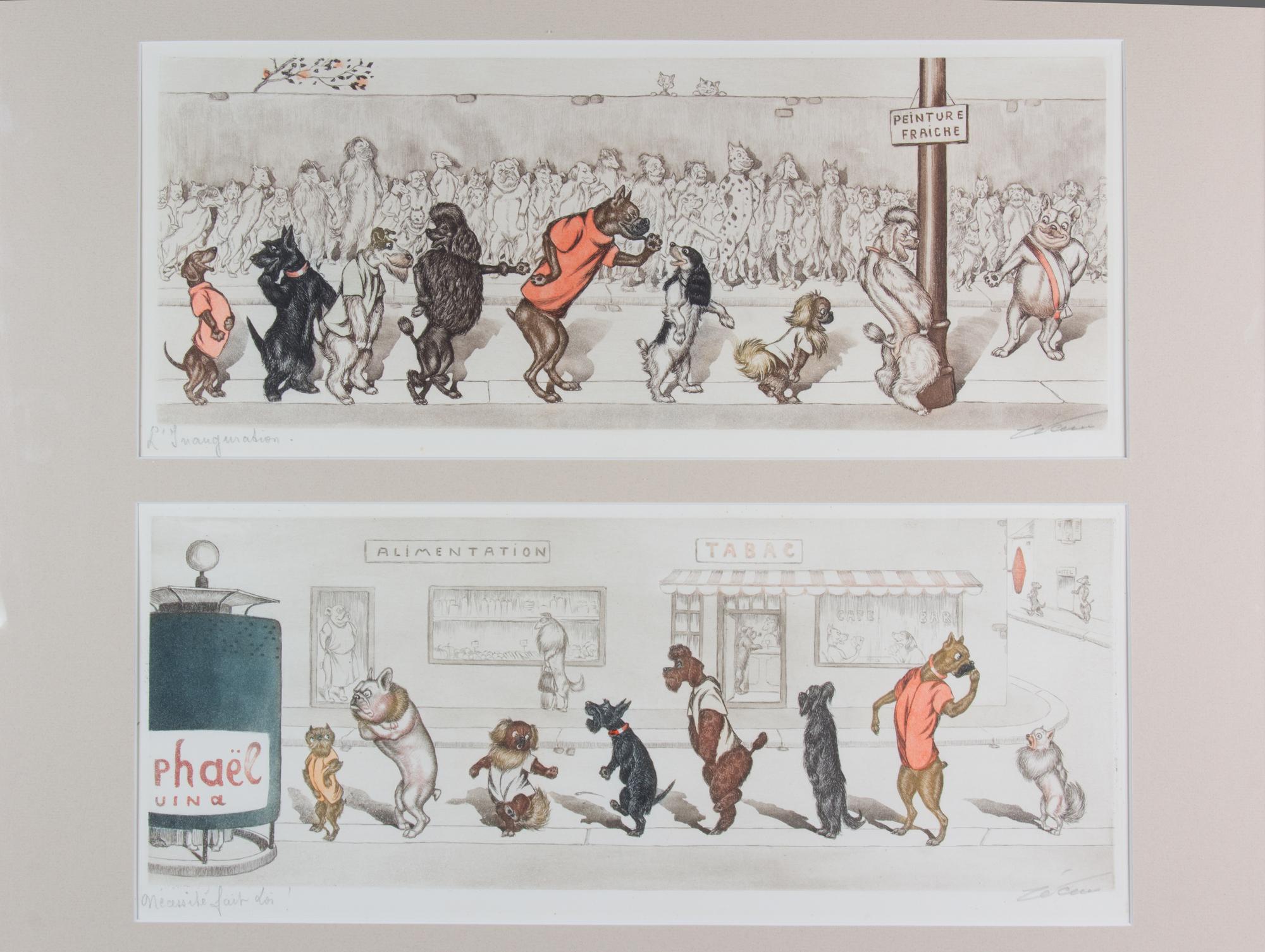 A Pair of Color Engravings from The Dirty Dogs of Paris Each 7 1/4 x 18 1/2 inches.