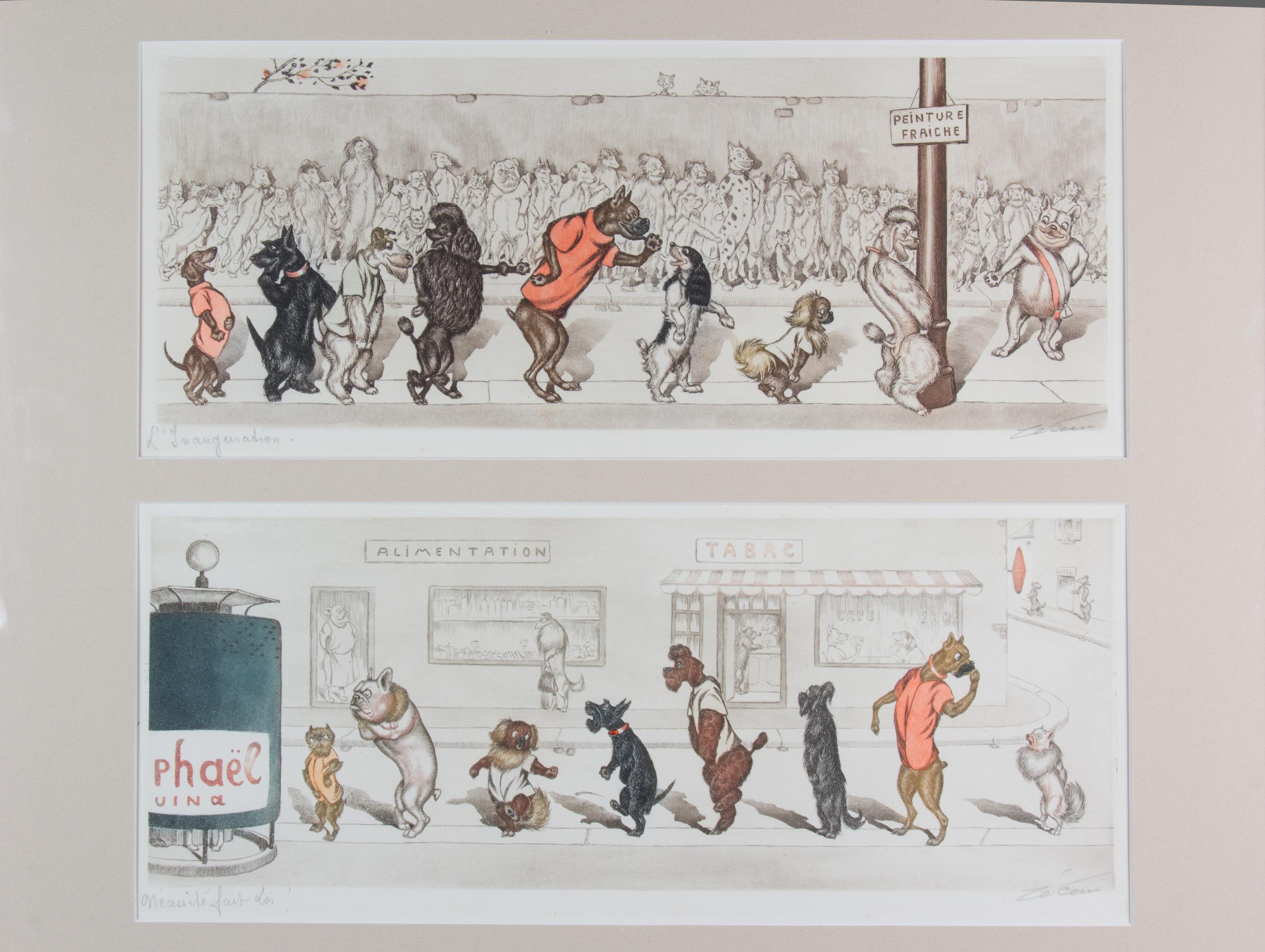 A Pair of Color Engravings from The Dirty Dogs of Paris Each 7 1/4 x 18 1/2 inches.