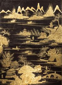 A Large Hardstone Embellished, Gilt and Black Lacquered Wood Screen