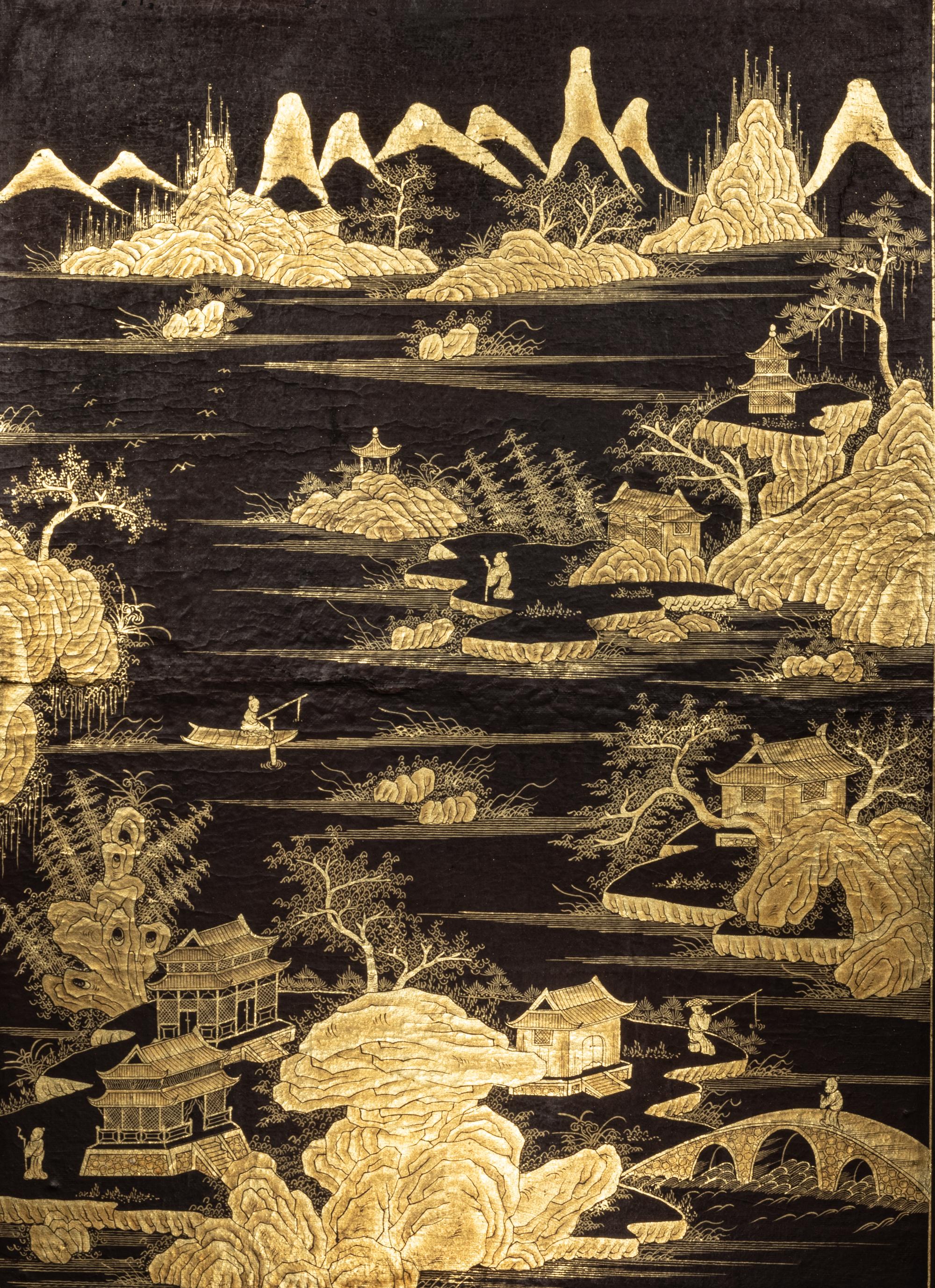 A Large Hardstone Embellished, Gilt and Black Lacquered Wood Screen