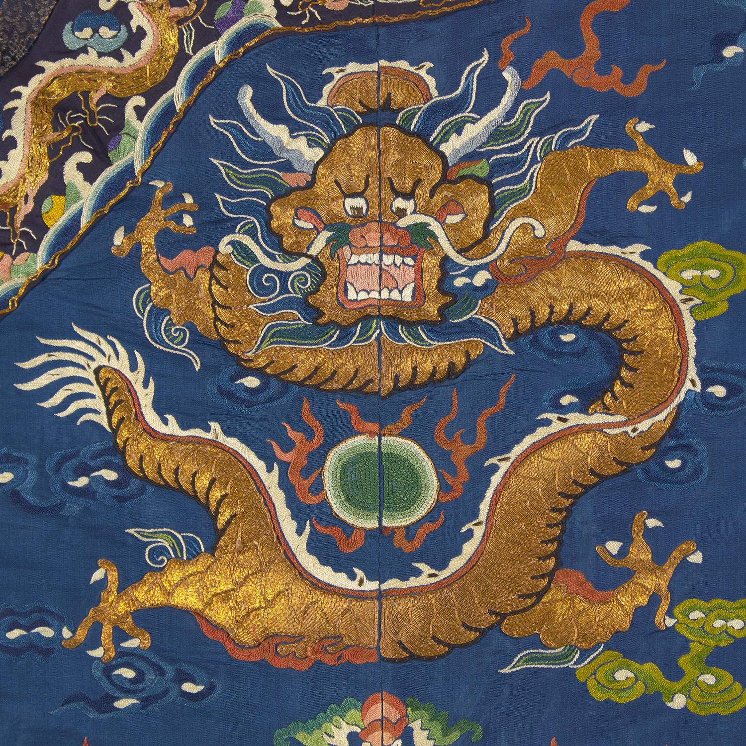 A Chinese Embroidered Blue Silk Dragon Robe, Second Half 19th Century — 晚清 藍緞地綉龍紋袍