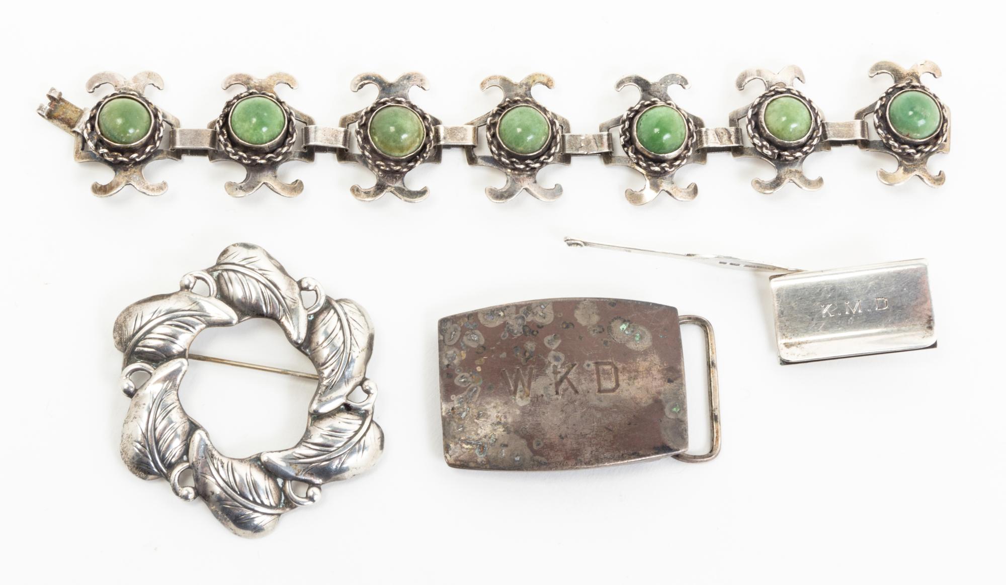A Group of Four Silver Accessories, , including a buckle, two pins, and a Mexican silver and hardstone bracelet.