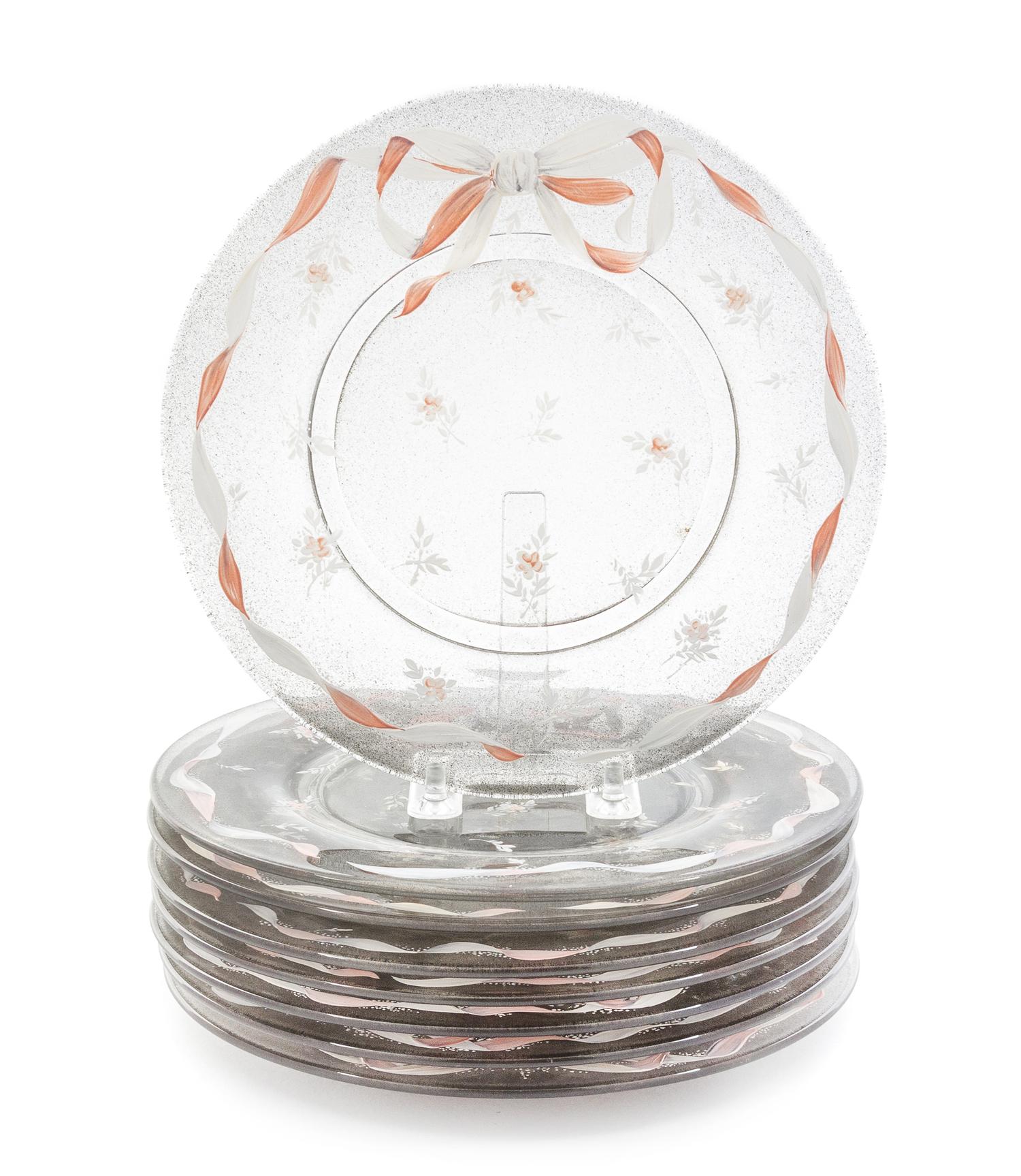 A Set of Eight Enameled Glass Plates Diameter 8 1/4 inches.