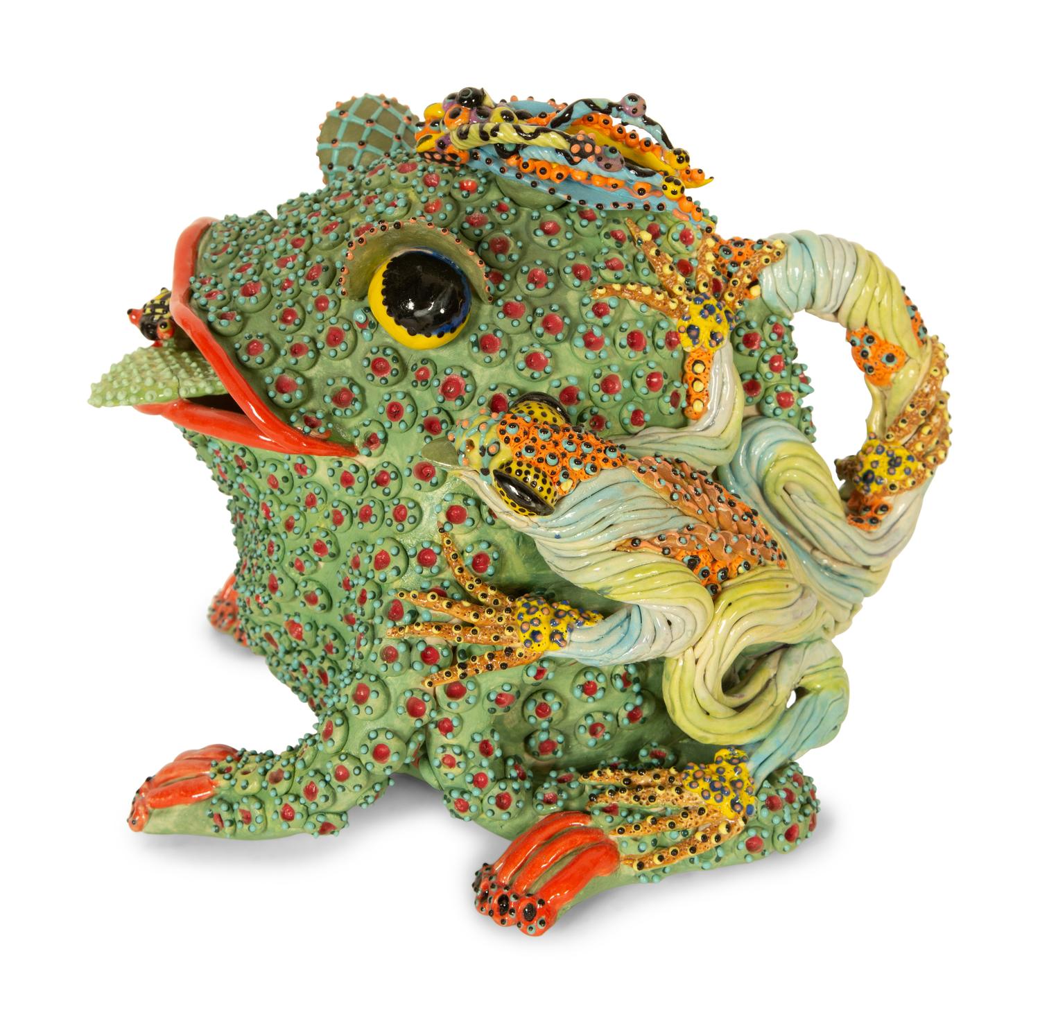 A Whimsical Painted and Glazed Ceramic Frog Pitcher