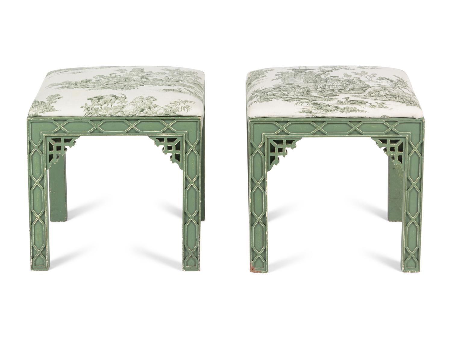 A Pair of Chinese Chippendale Style Green-Painted Stools