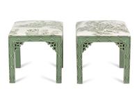 A Pair of Chinese Chippendale Style Green-Painted Stools