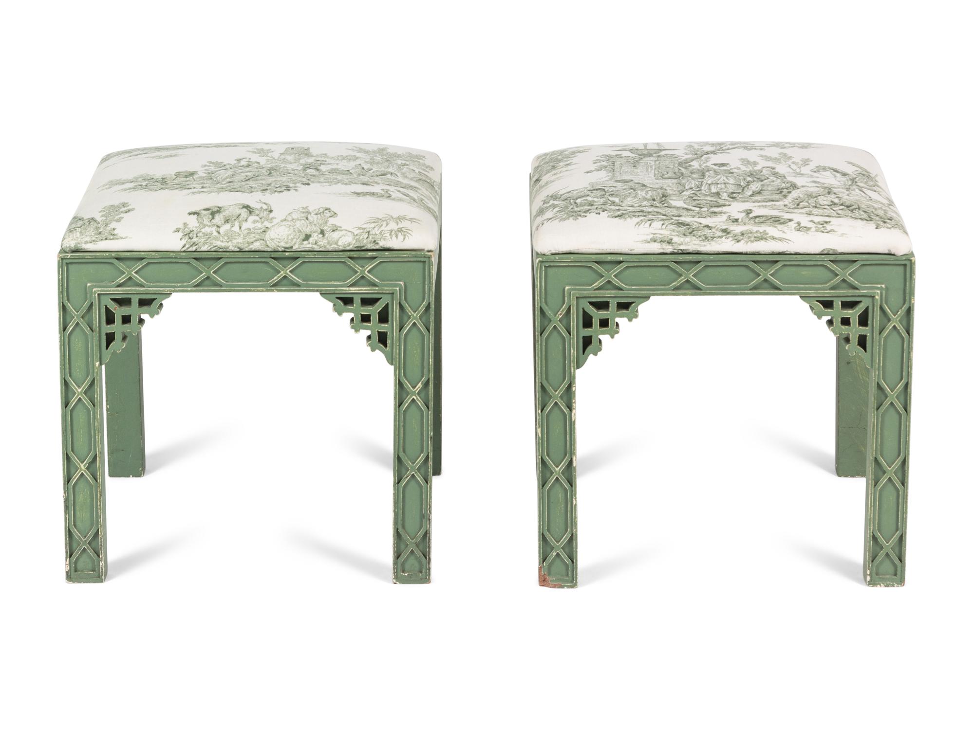 A Pair of Chinese Chippendale Style Green-Painted Stools