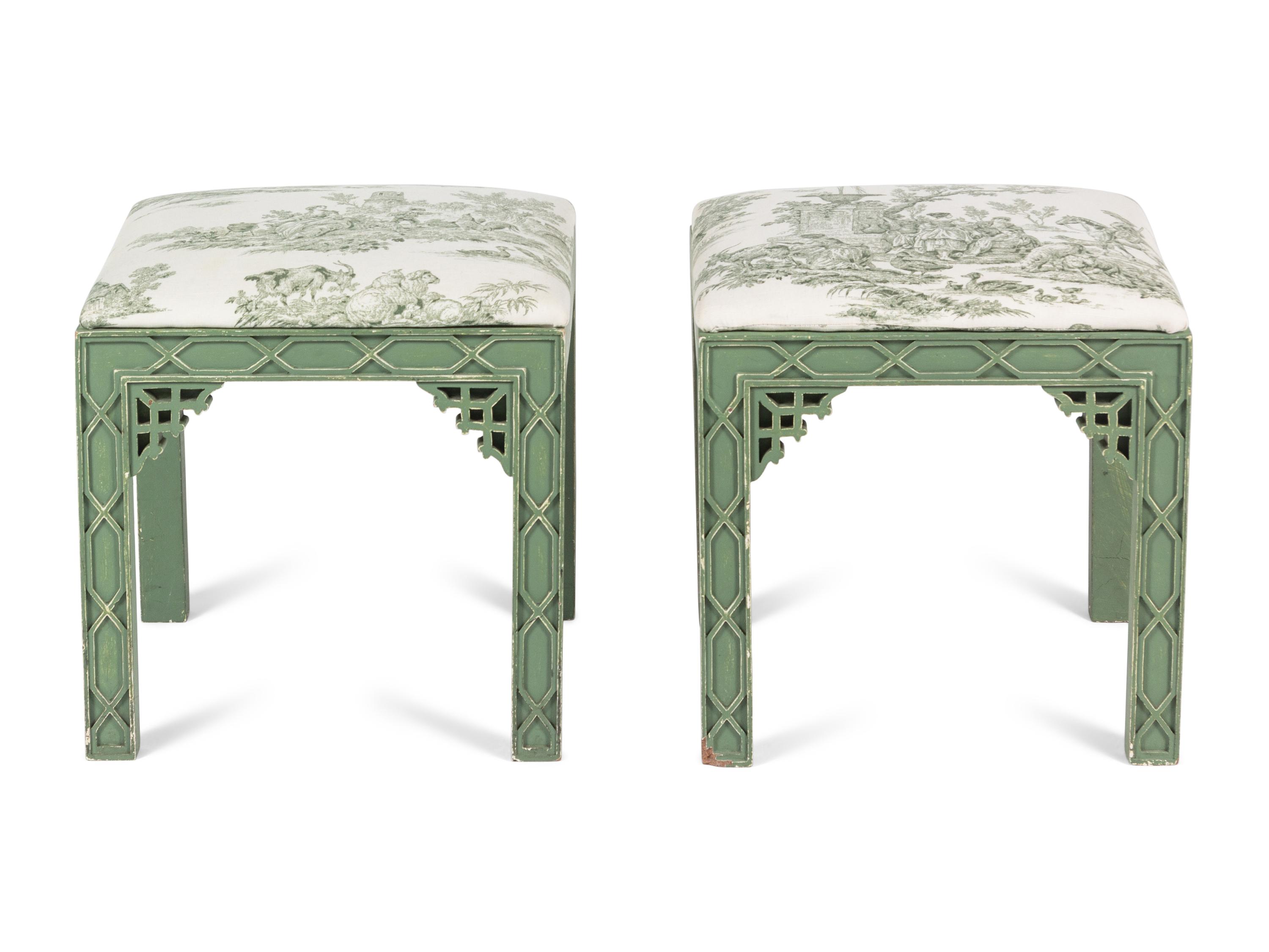 A Pair of Chinese Chippendale Style Green-Painted Stools