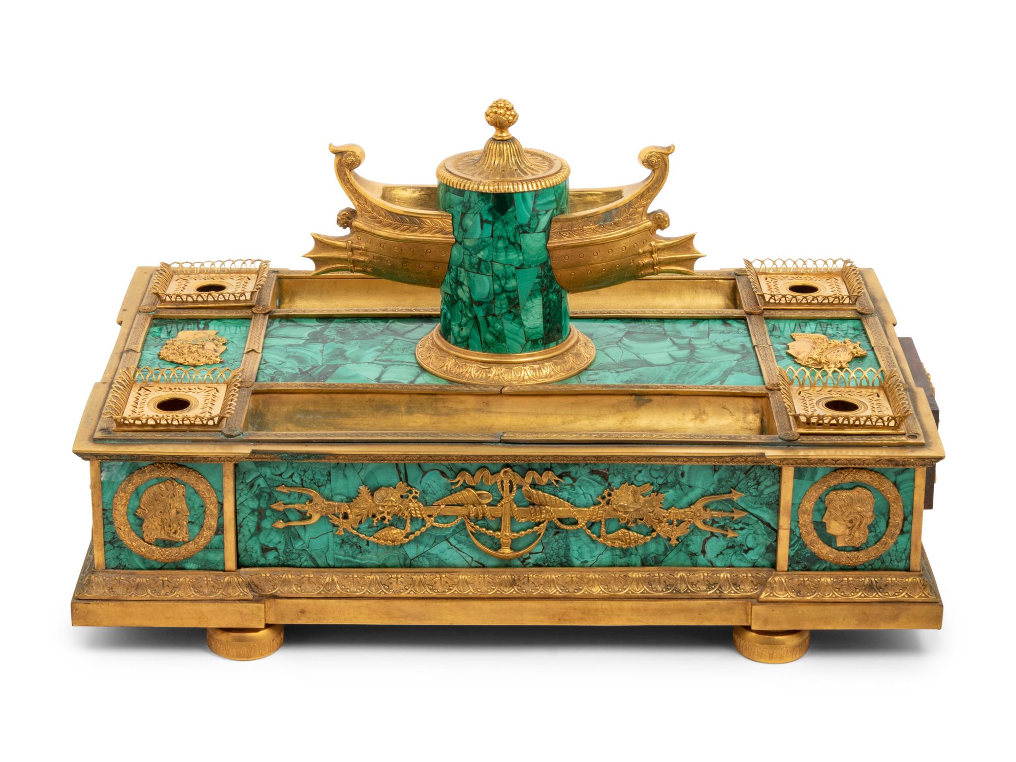 An Empire Style Gilt Bronze and Malachite Veneered Standish