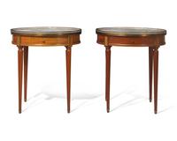 A pair of Louis XVI style brass-mounted mahogany bouillotte tables with white marble tops, 20th century