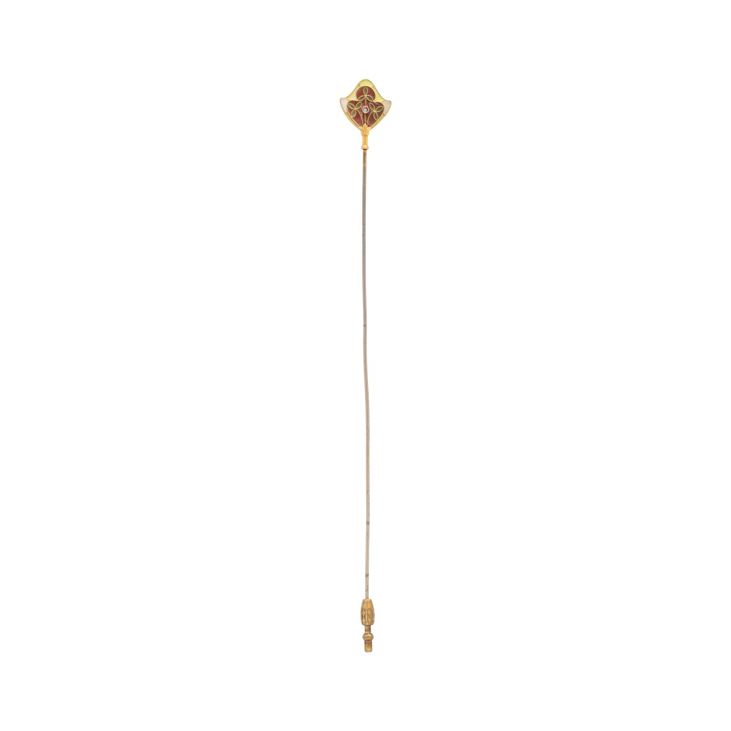 ANTIQUE, YELLOW GOLD AND METAL PLIQUE-A-JOUR HATPIN