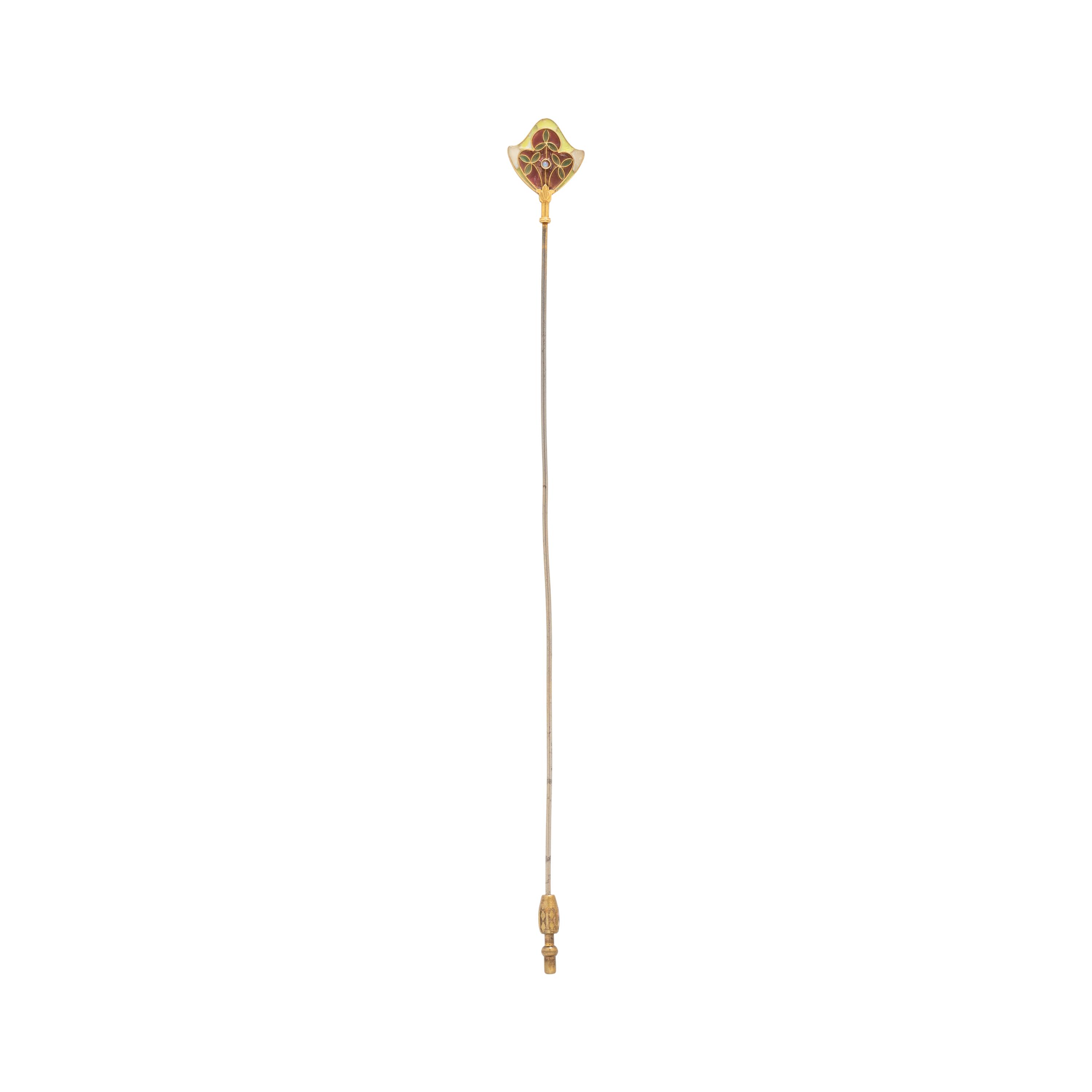 ANTIQUE, YELLOW GOLD AND METAL PLIQUE-A-JOUR HATPIN