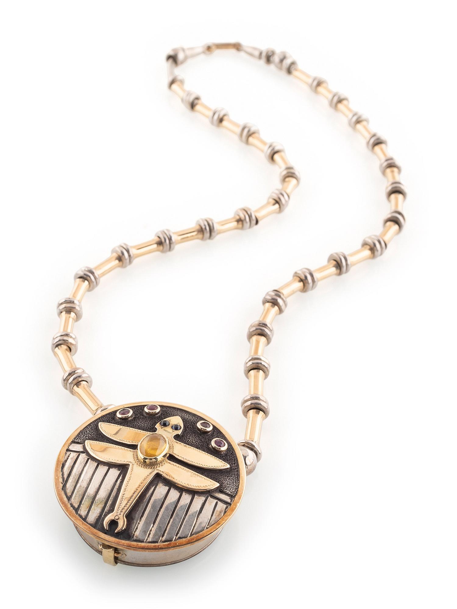 Sterling Silver, Gold and Semi Precious Stone Necklace, with Dragonfly Locket