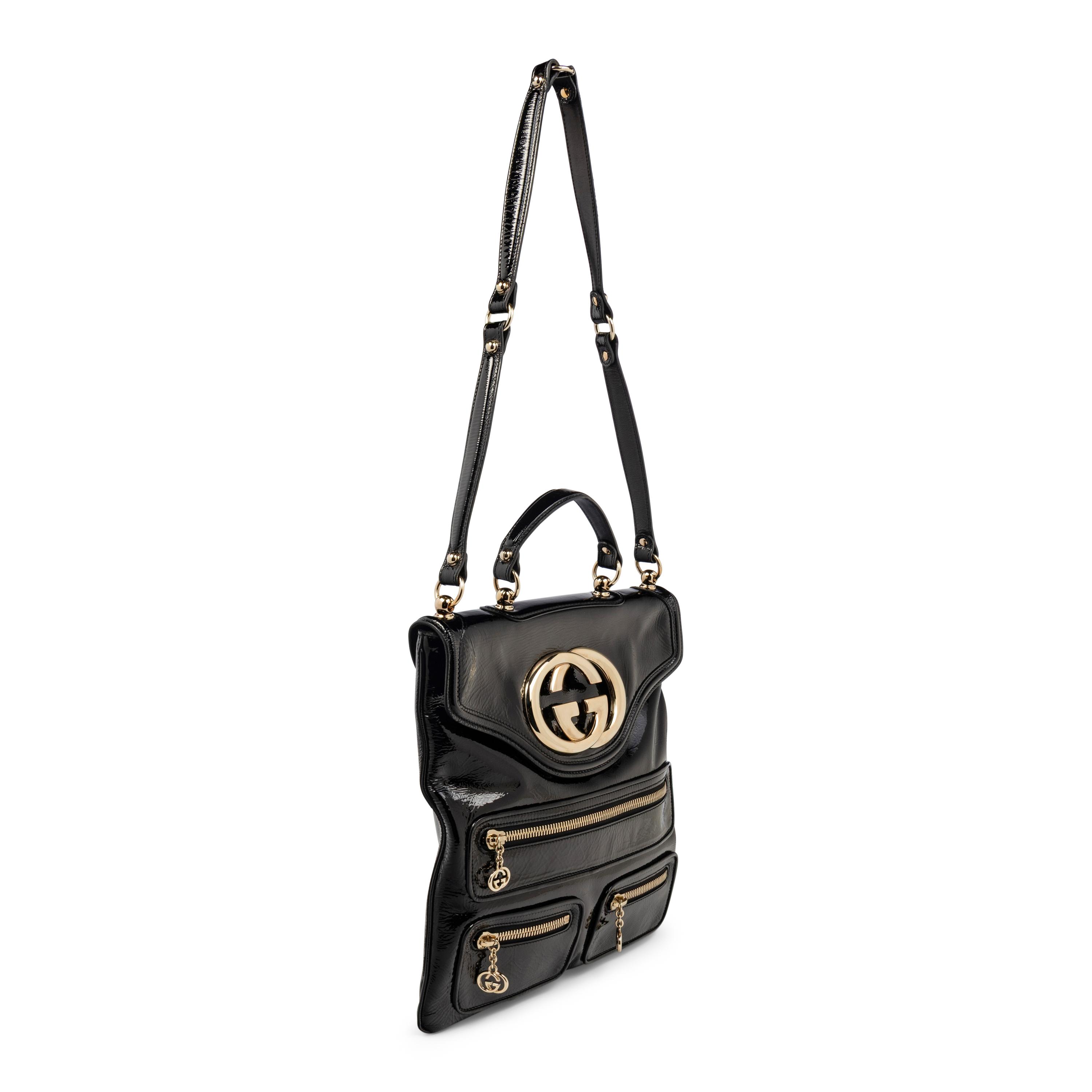 GUCCI, BLACK PATENT BRITT TOTE BAG