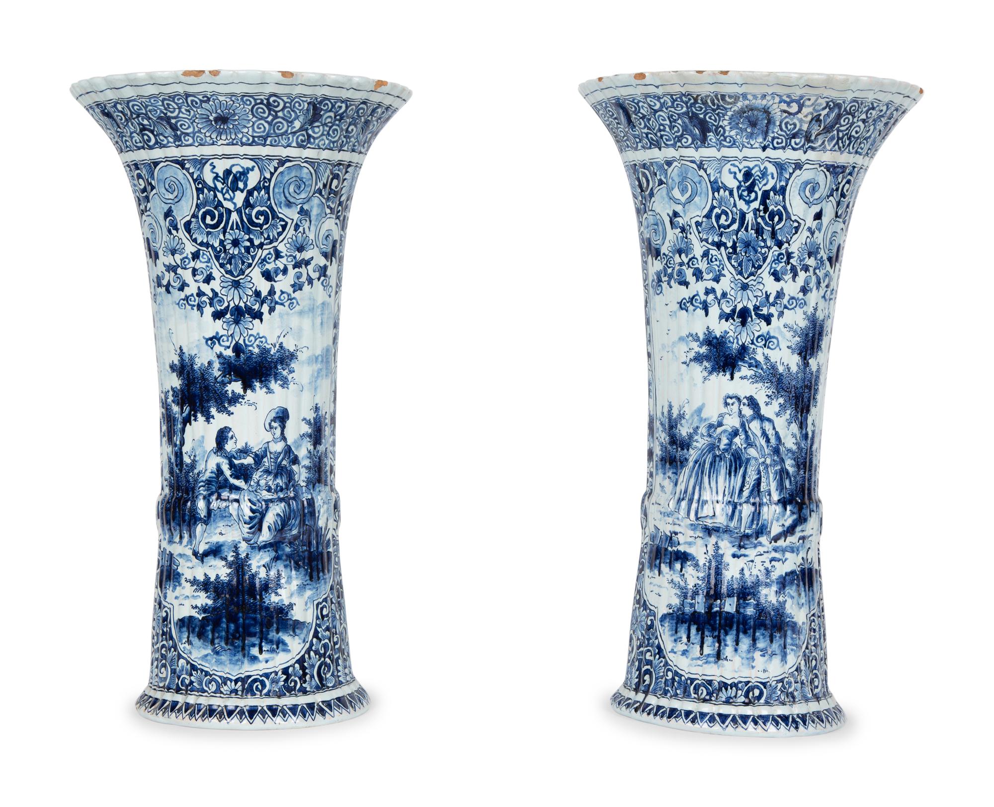 A Pair of Dutch Delft Trumpet-Form Fluted Vases — 19TH/20TH CENTURY
