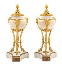 A Pair of Louis XVI Style Gilt Bronze Mounted White Marble Urns Height 12 7/8 inches. — 19TH CENTURY