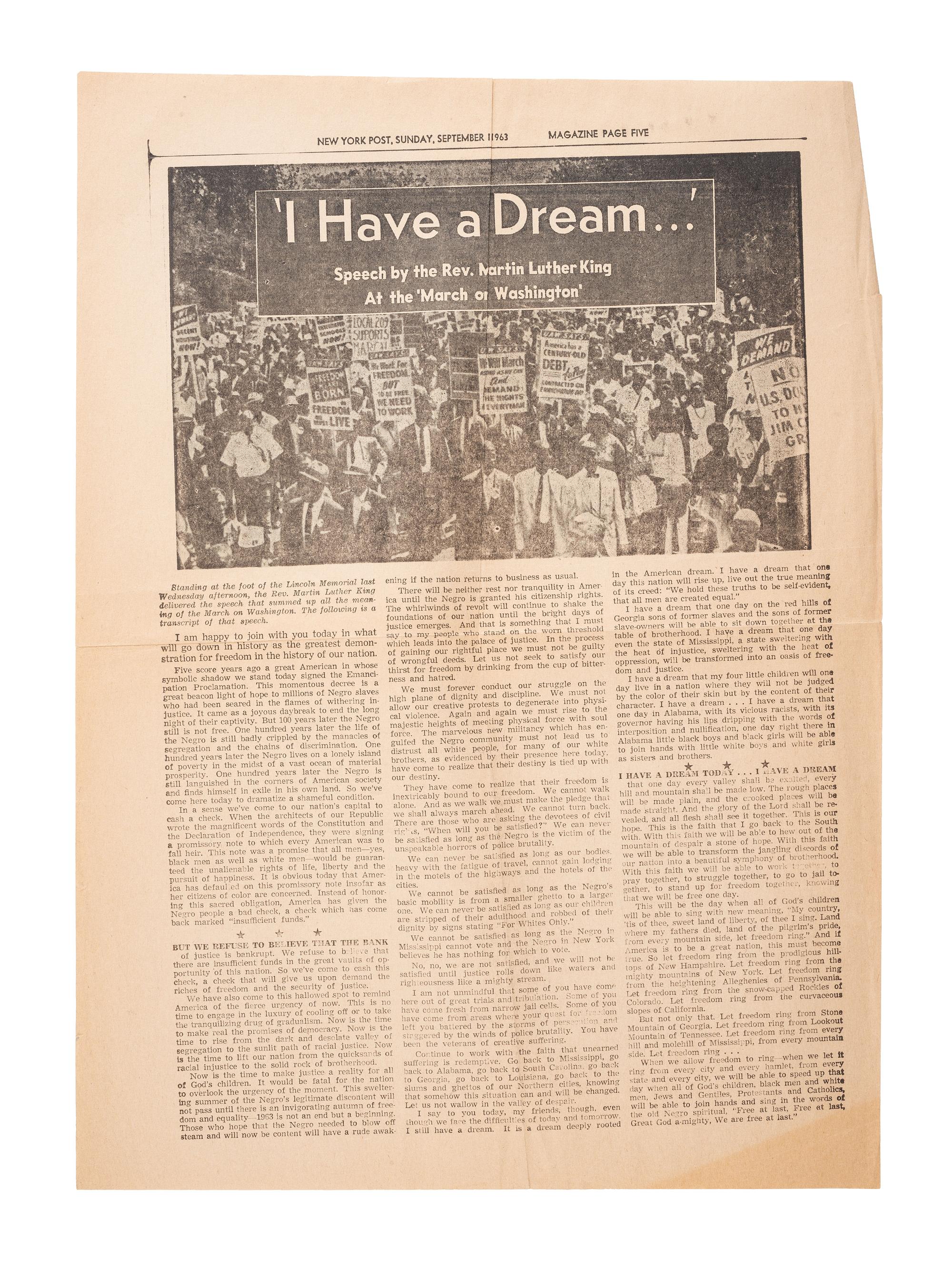 KING, Martin Luther King., Jr. (1929-1968). 'I Have a Dream...' New York: New York Post, 1 September 1963. Unauthorized broadside printing of King's "I Have a Dream" speech.