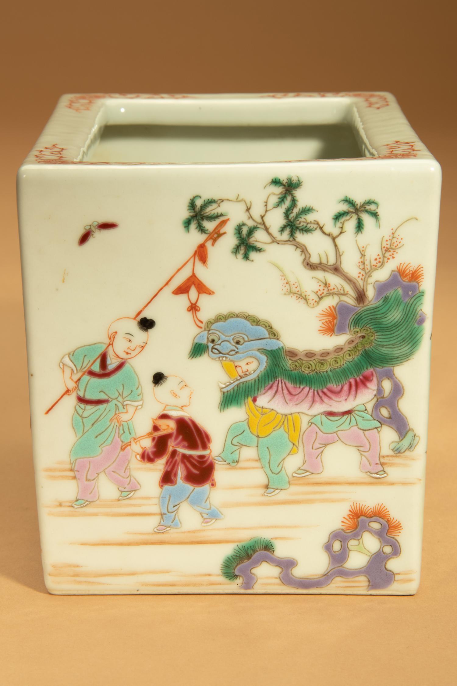 A Pair of Famille Rose Porcelain Rectangular 'Boys' Planters