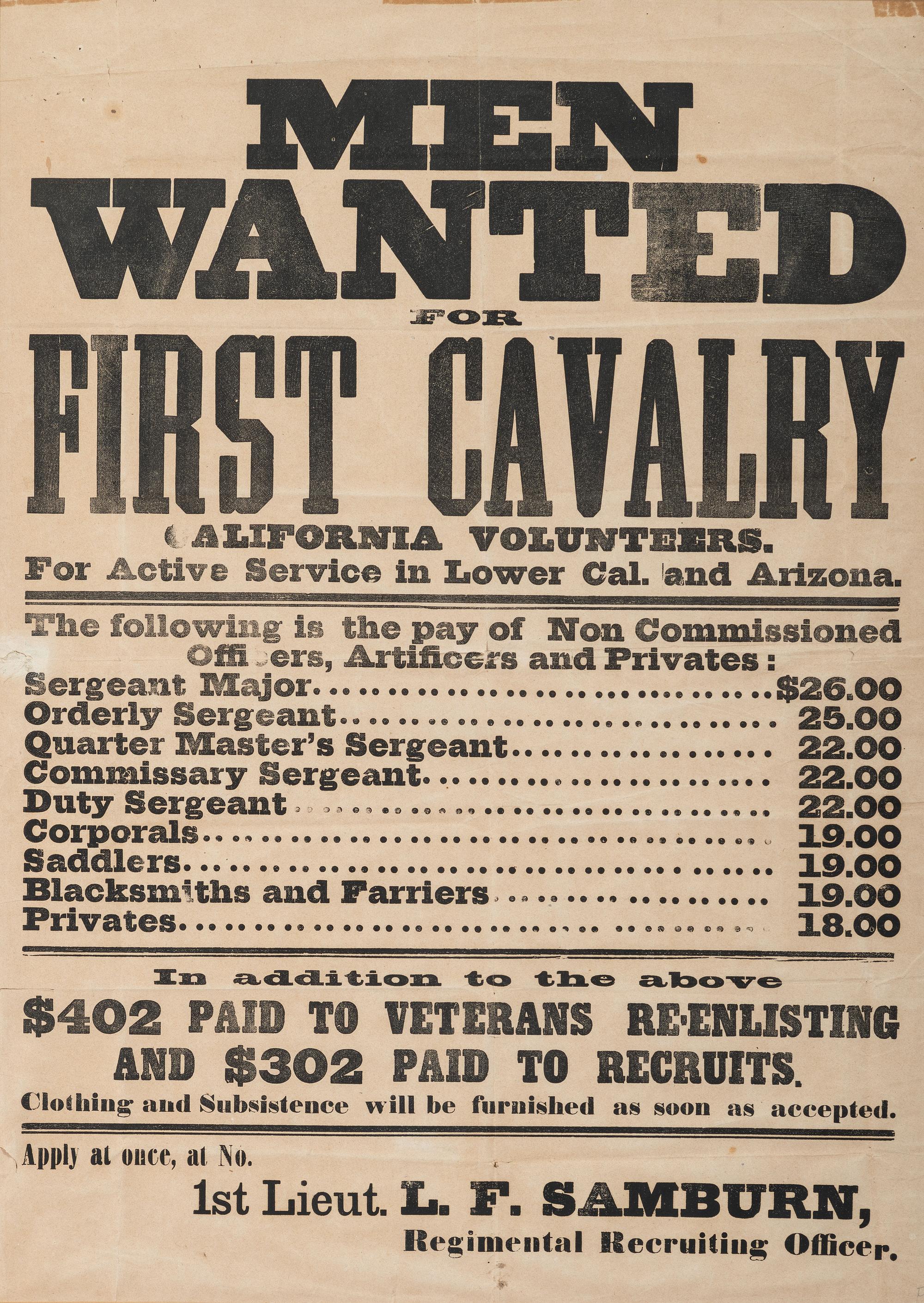 [CIVIL WAR]. Men Wanted for First Cavalry California Volunteers. For Active Service in Lower Cal. and Arizona. [California?]: N.p., [1863].