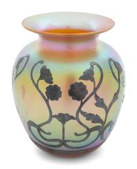 A Large Quezal Silver Overlay Glass Vase
