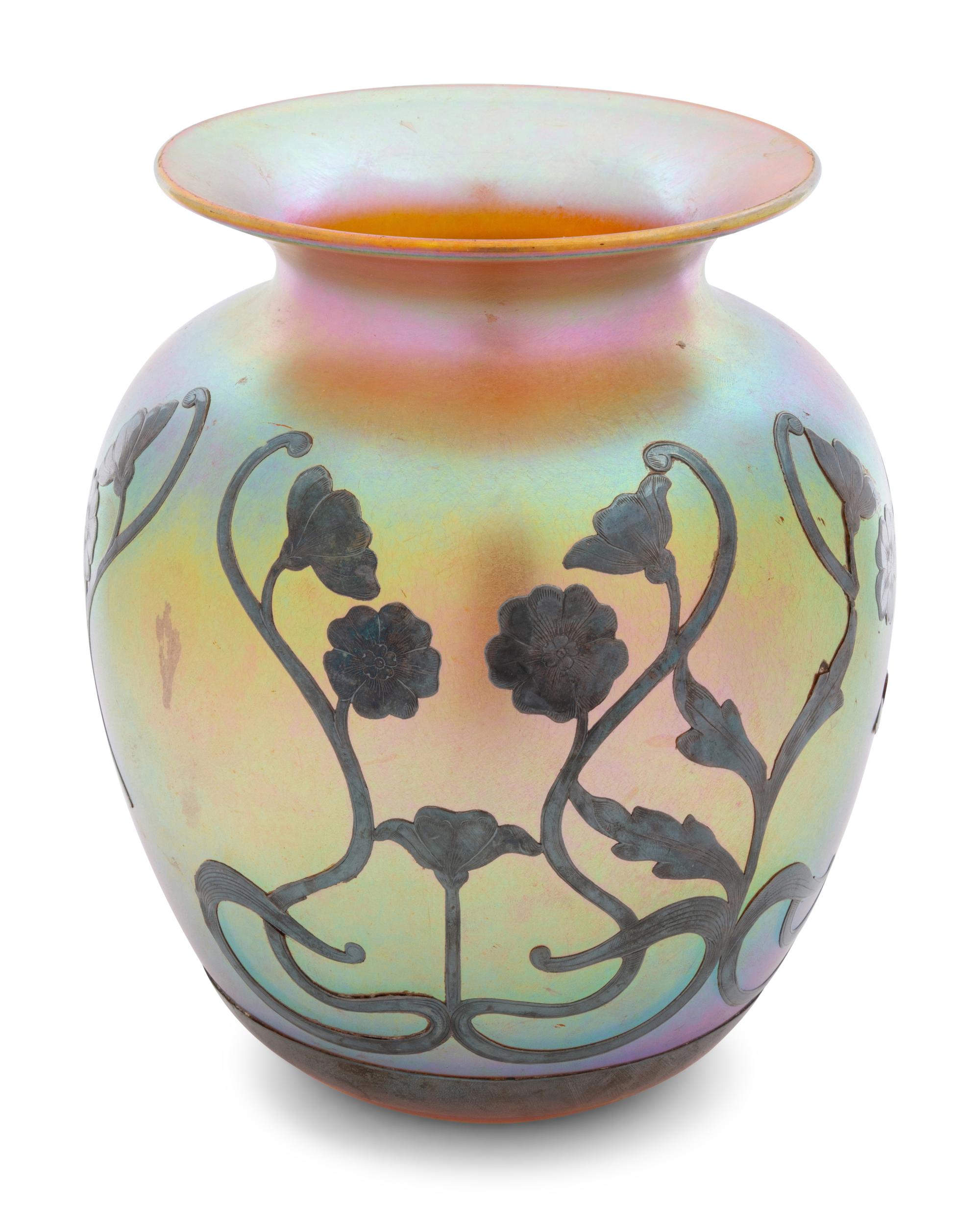 A Large Quezal Silver Overlay Glass Vase