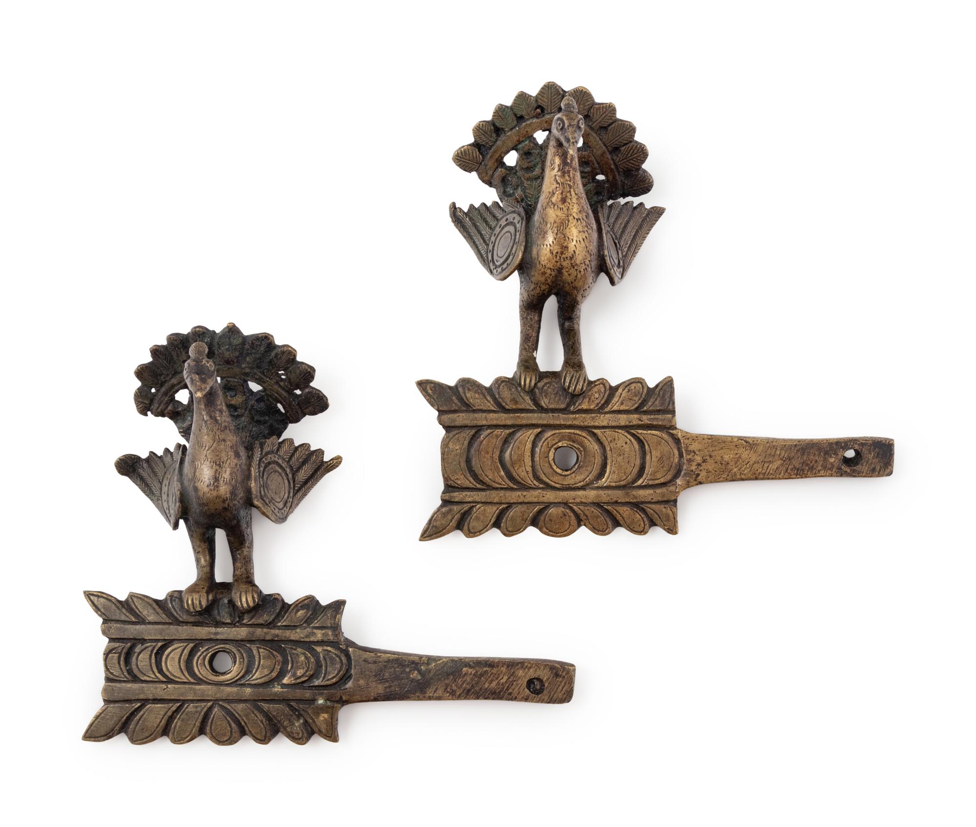 A Pair of Southeast Asian Bronze Peacock-Form Fixtures