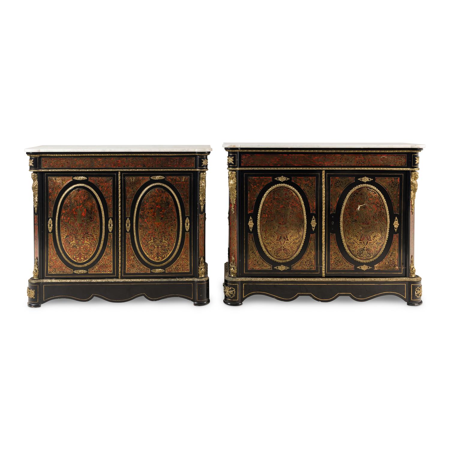 A Near Pair of Napoleon III Boulle Marquetry Marble-Top Side Cabinets