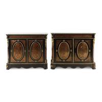 A Near Pair of Napoleon III Boulle Marquetry Marble-Top Side Cabinets
