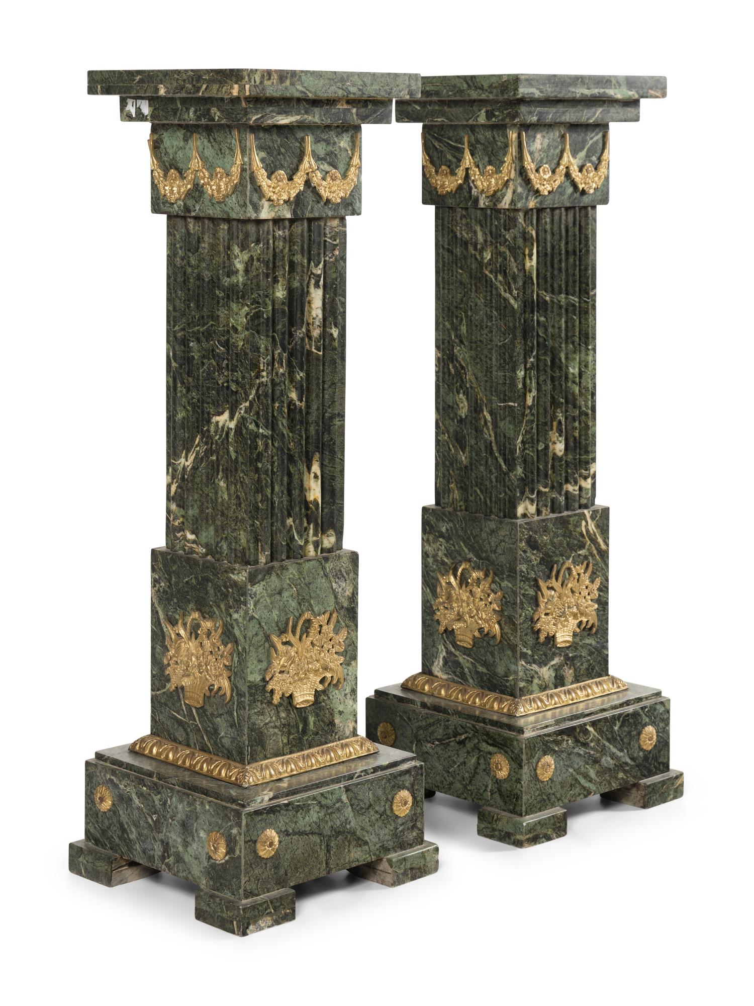 A Pair of Louis XVI Style Gilt Bronze Mounted Marble Pedestals