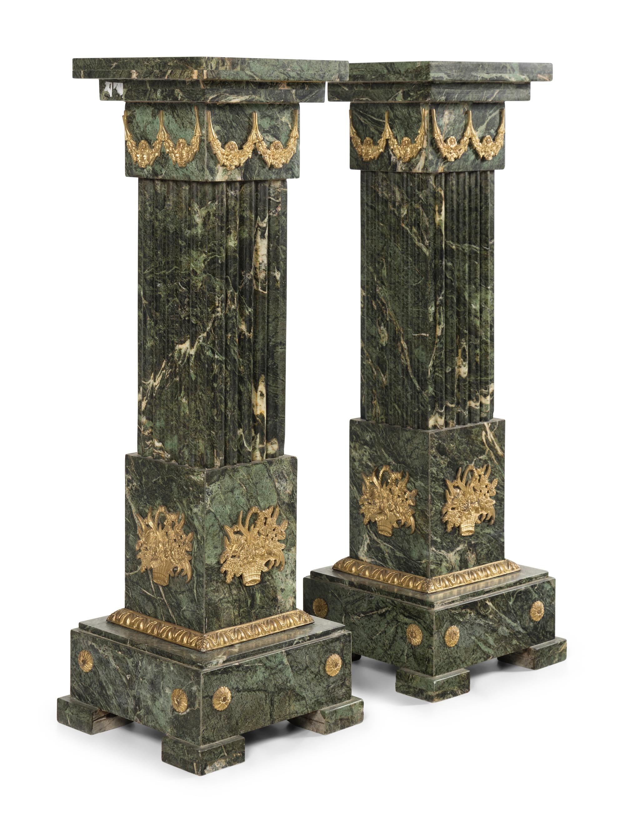 A Pair of Louis XVI Style Gilt Bronze Mounted Marble Pedestals