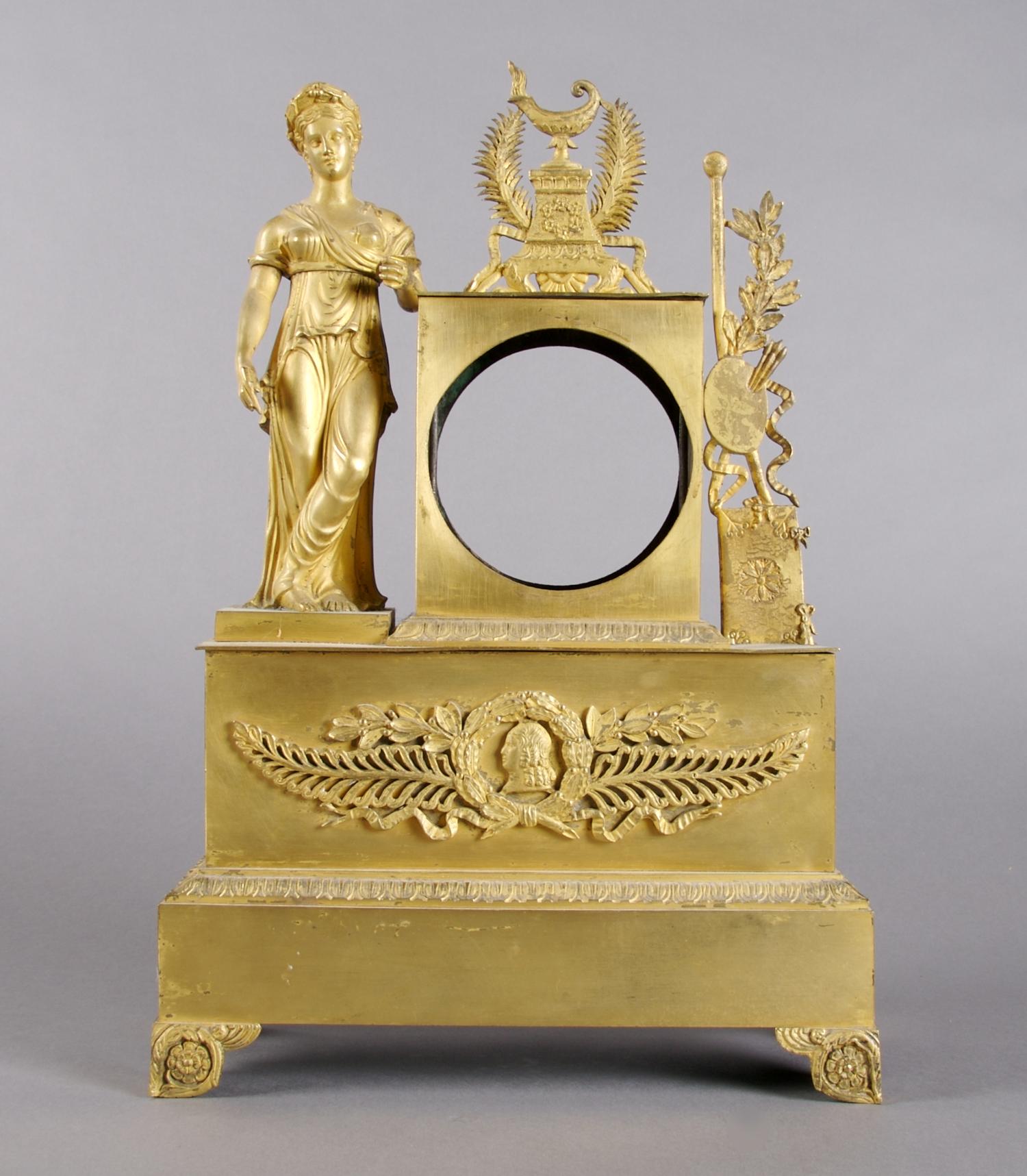 A Continental Gilt Bronze Neoclassical Figural Clock Case, Height 14 inches.